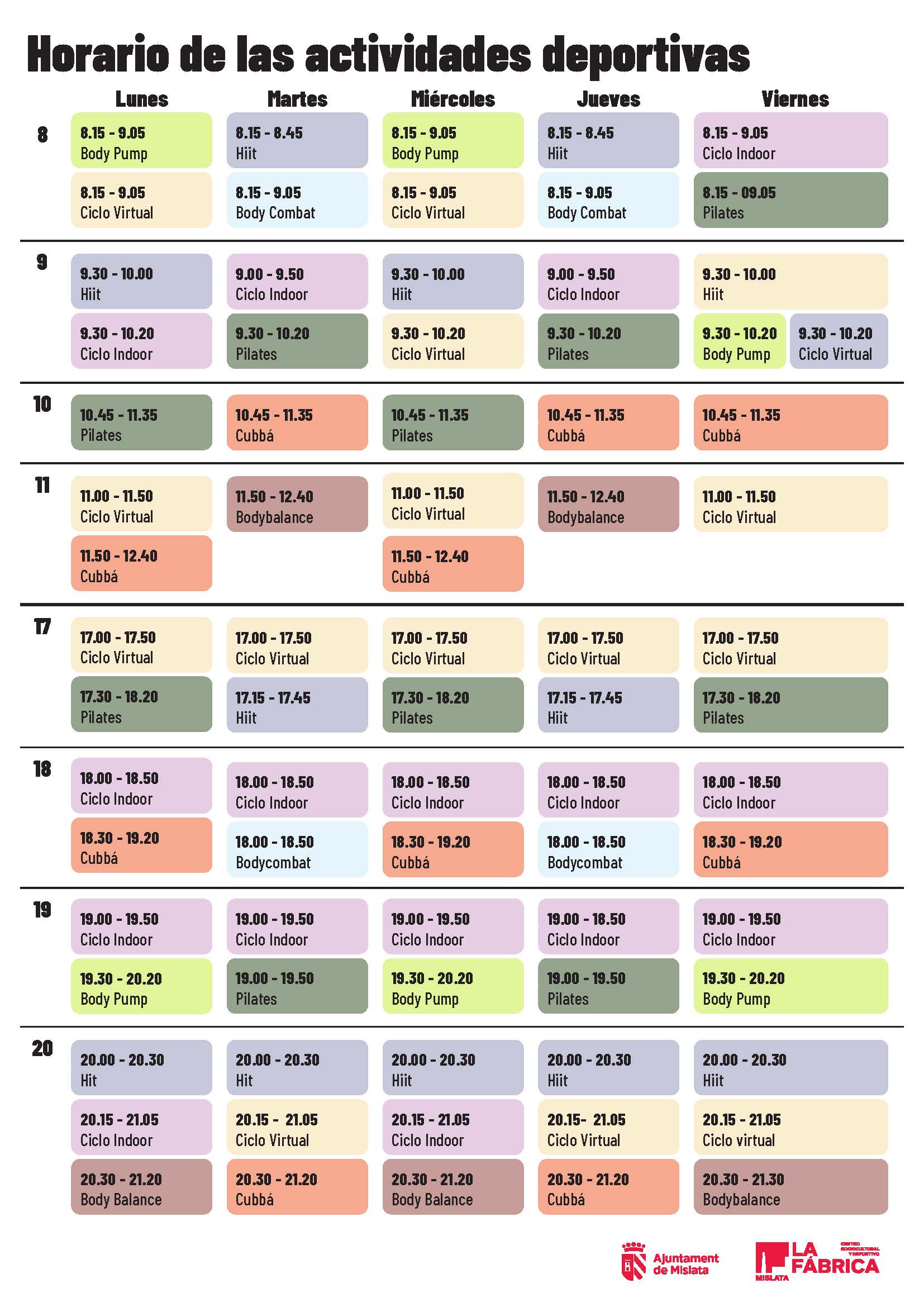 Horario de las actividades deportivas